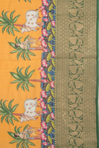Chanderi Silk Pichwai Printed Yellow Saree