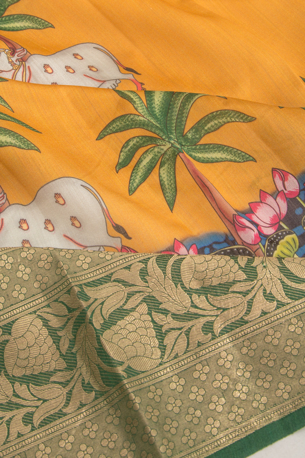 Chanderi Silk Pichwai Printed Yellow Saree