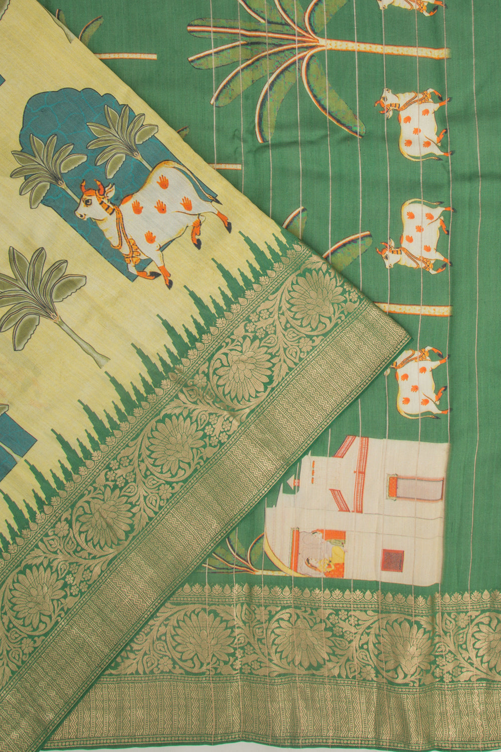 Chanderi Silk Pichwai Printed Pastel Green Saree