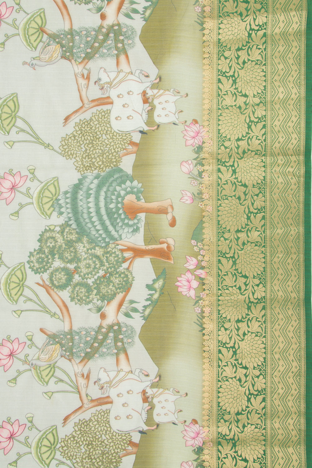 Chanderi Silk Pichwai Printed Grey Saree