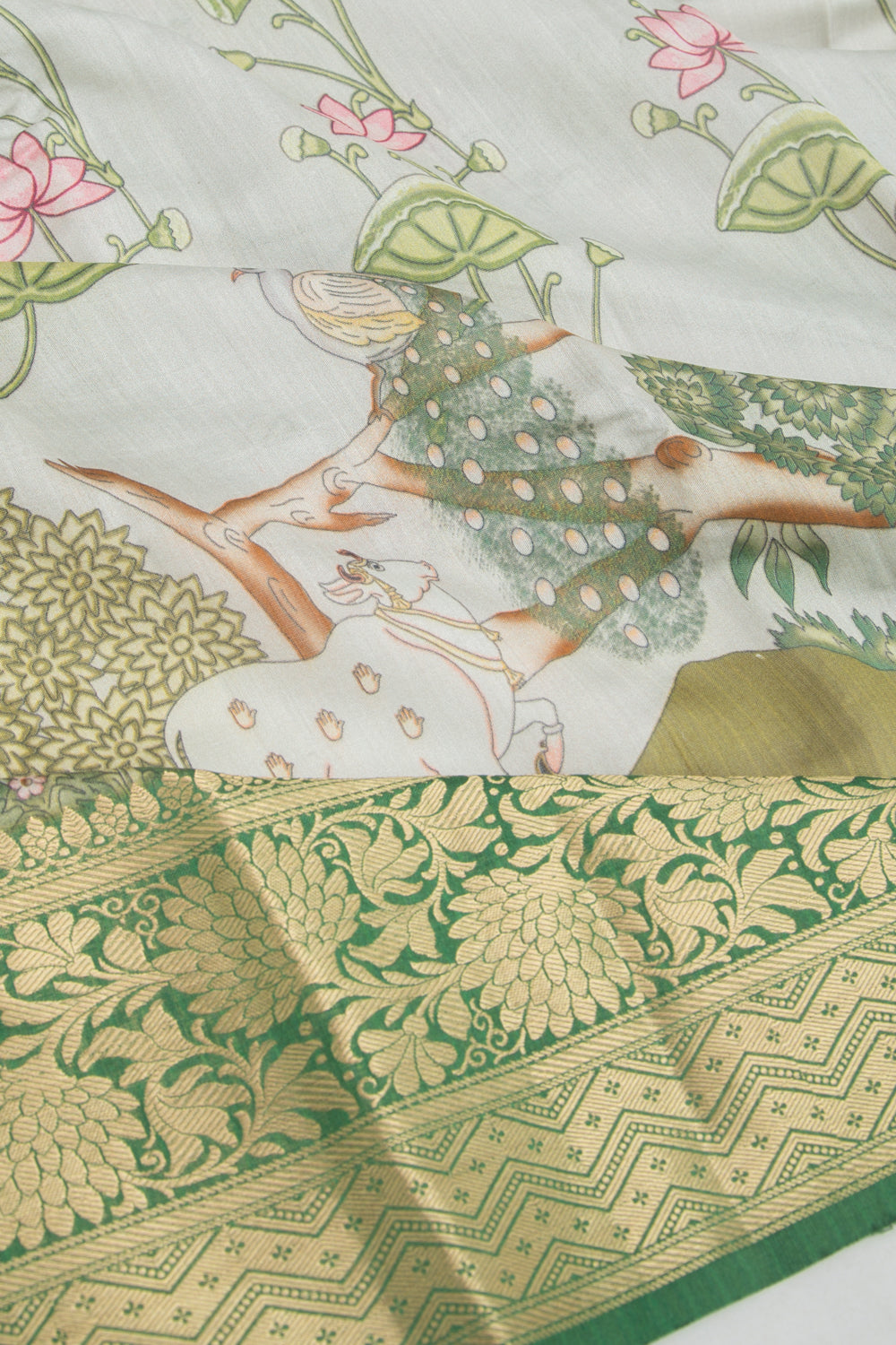 Chanderi Silk Pichwai Printed Grey Saree