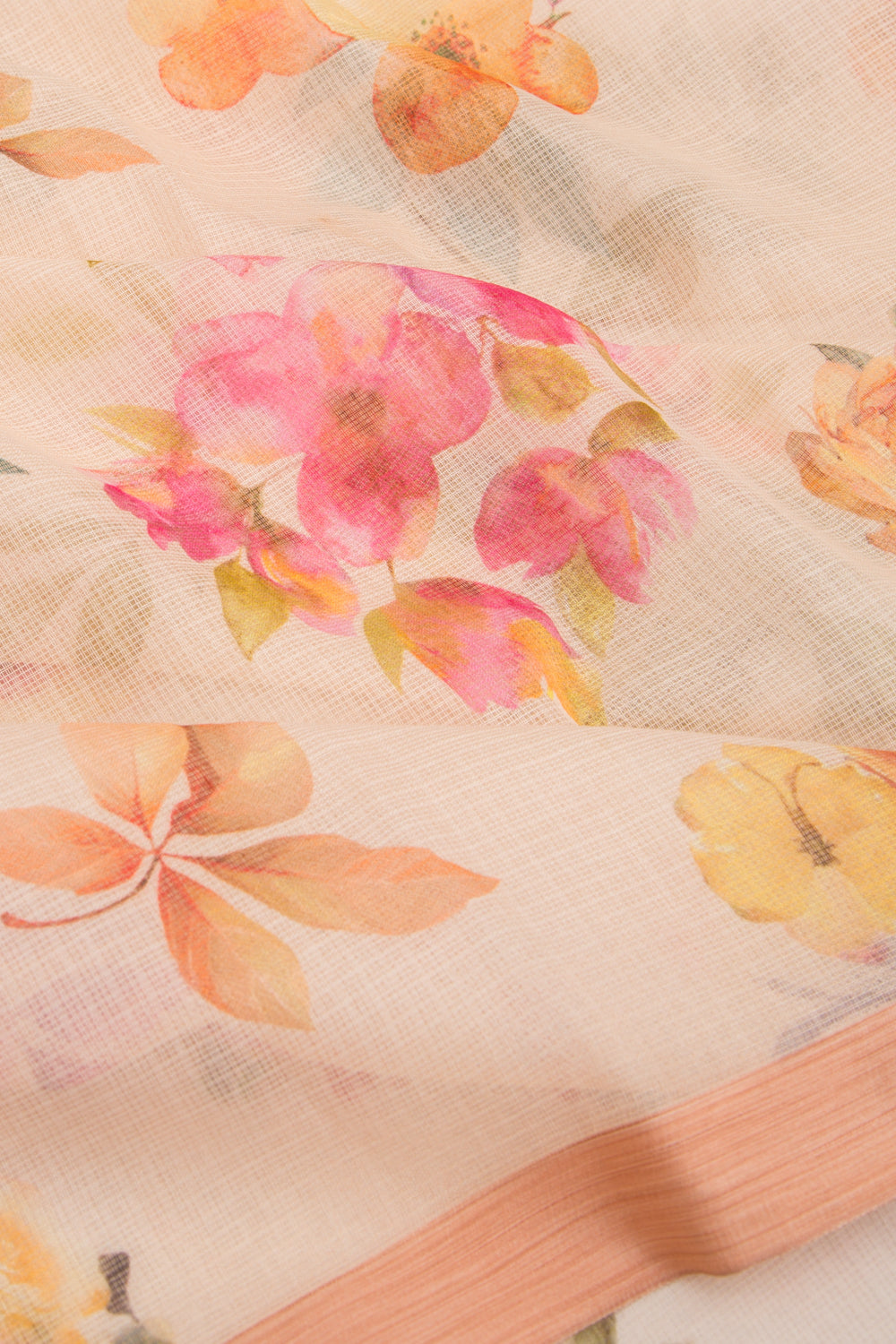 Kota Soft Silk Floral Printed Peach Saree