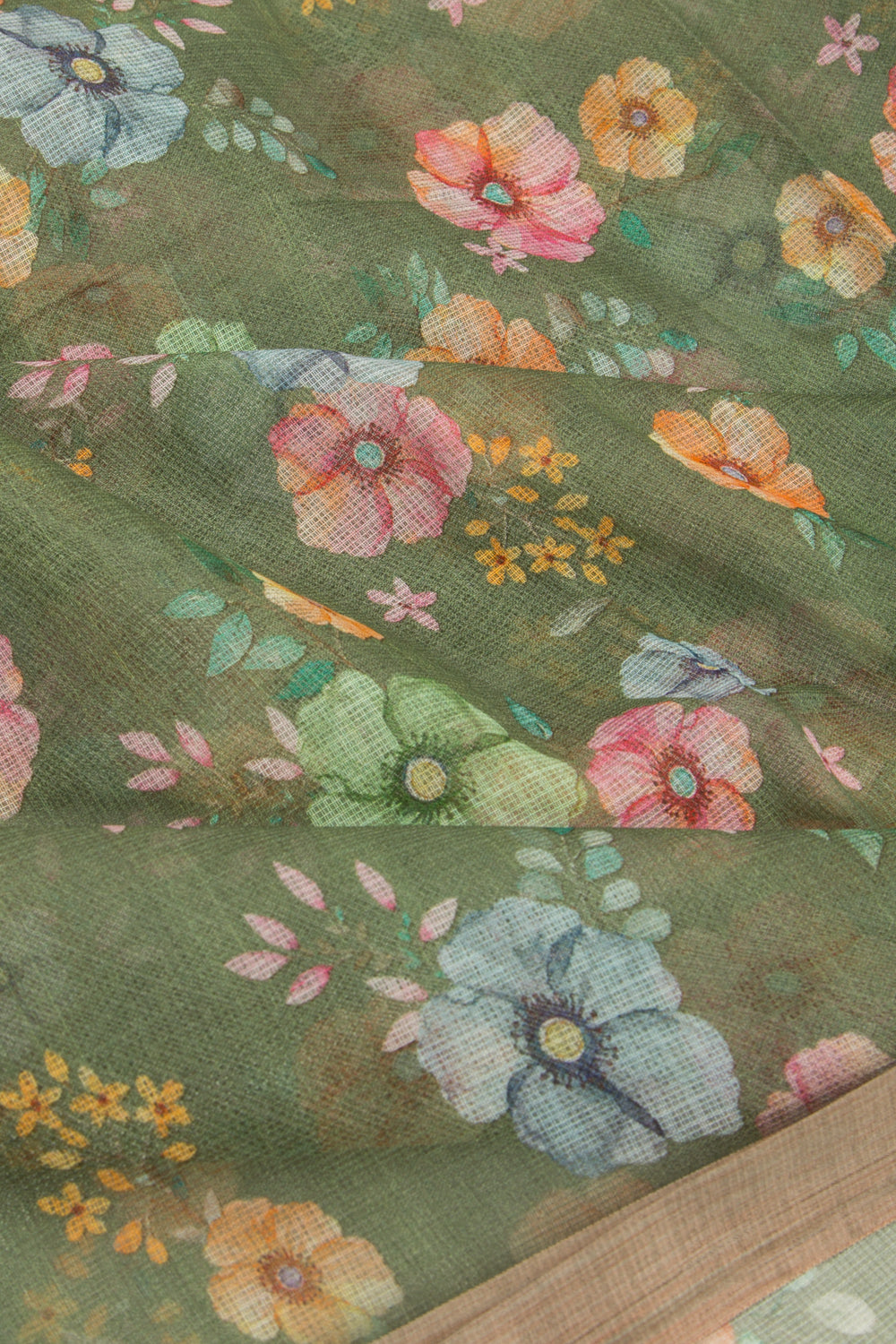 Kota Soft Silk Floral Printed Green Saree