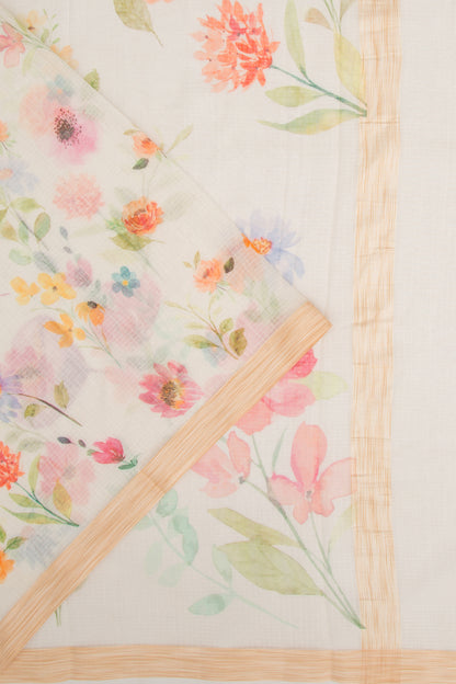 Kota Soft Silk Floral Printed White Saree