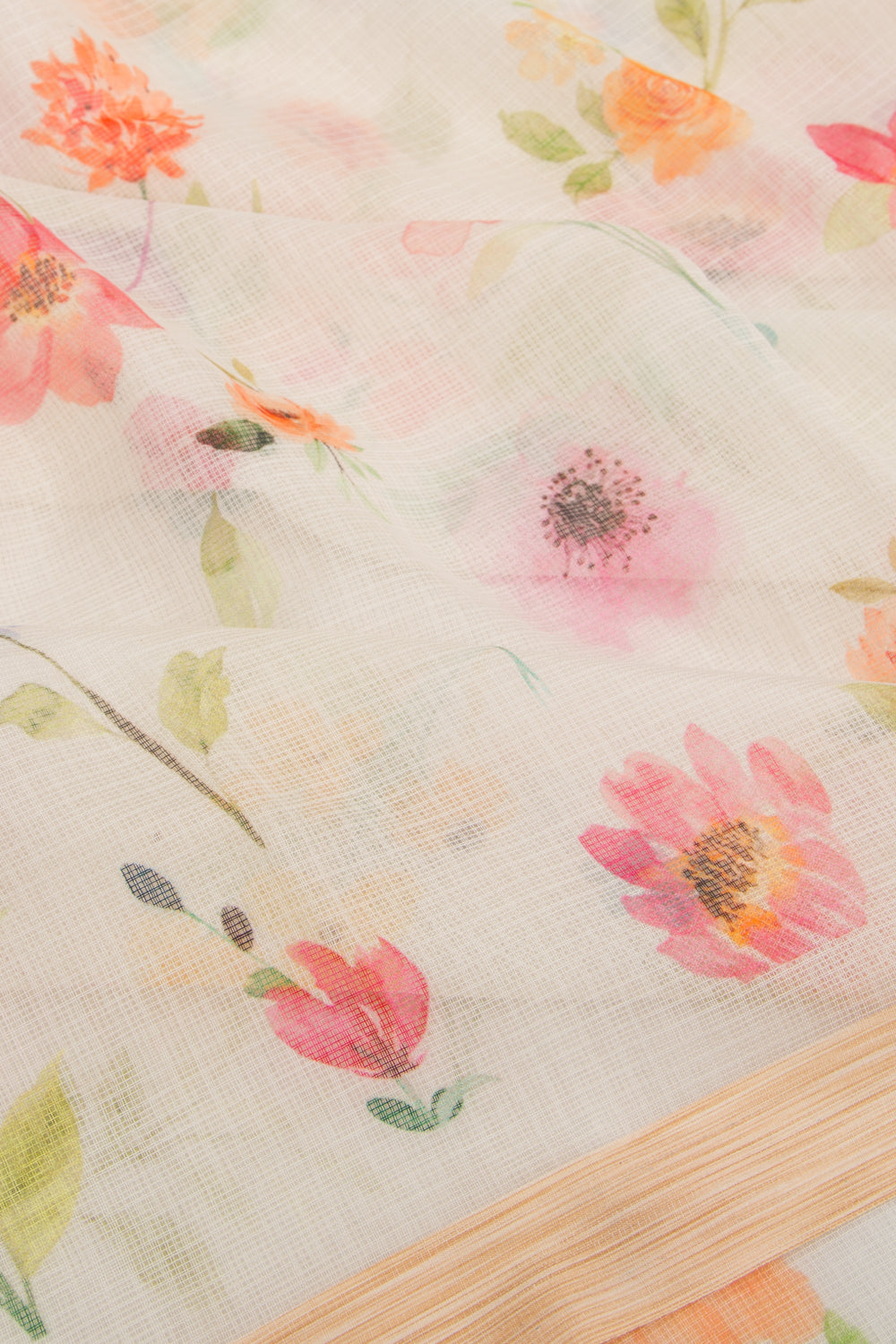 Kota Soft Silk Floral Printed White Saree