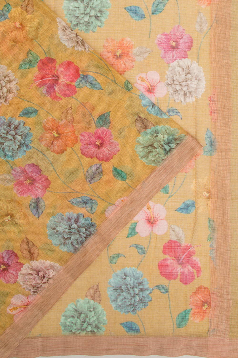 Kota Soft Silk Floral Printed Yellow Saree