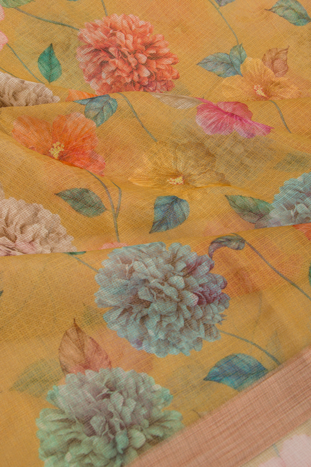 Kota Soft Silk Floral Printed Yellow Saree