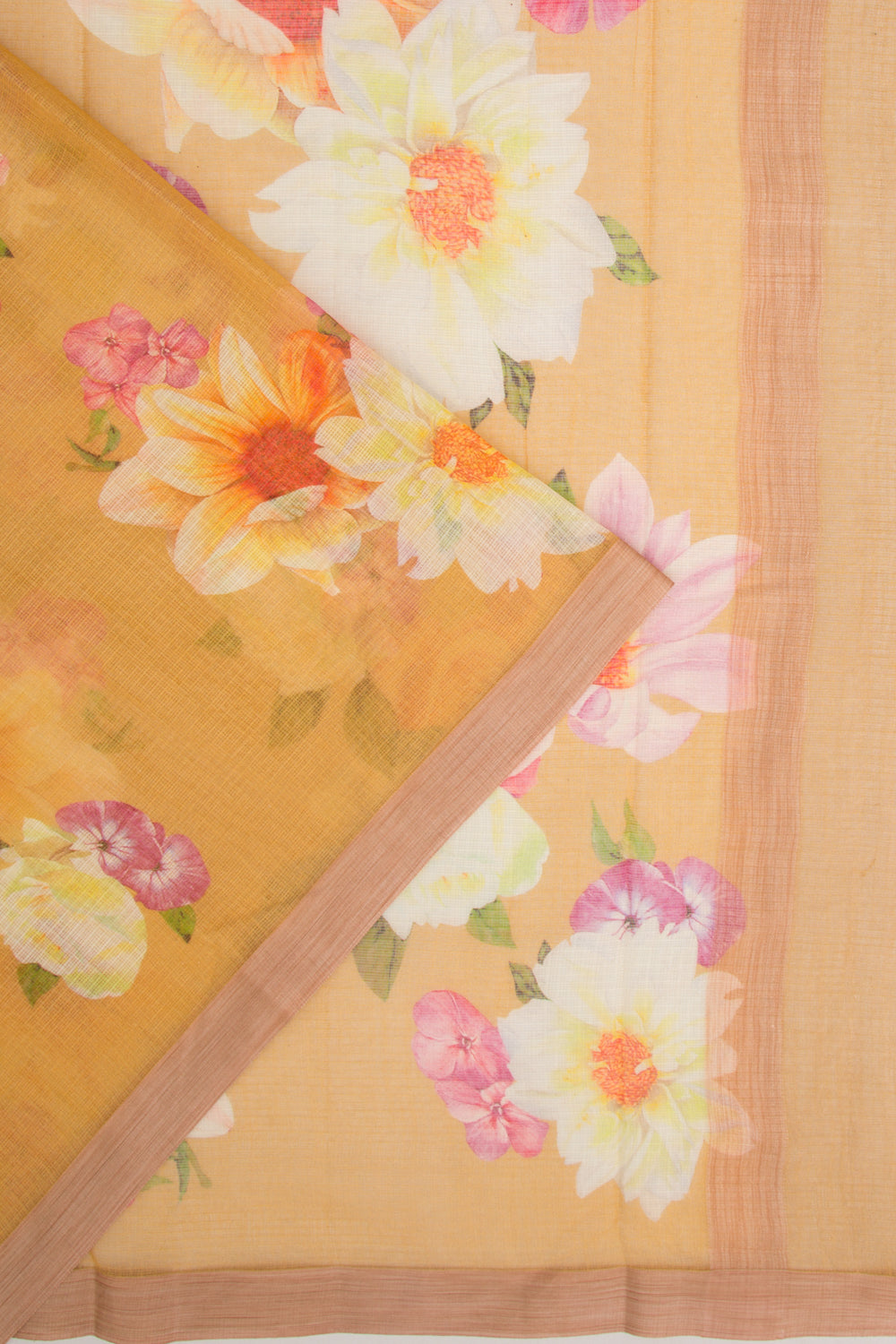 Kota Soft Silk Floral Printed Yellow Saree