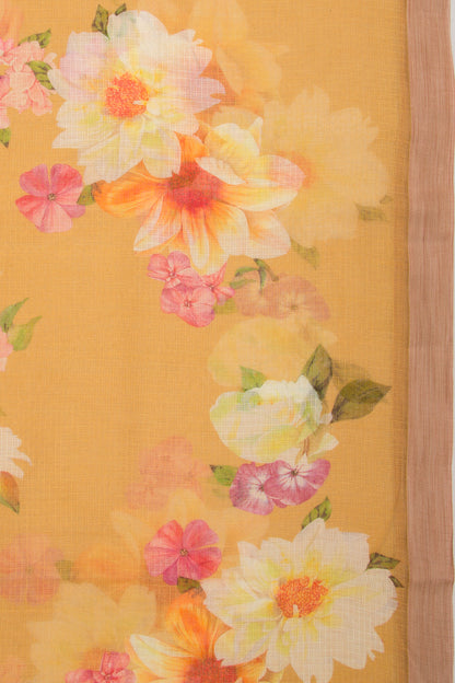 Kota Soft Silk Floral Printed Yellow Saree