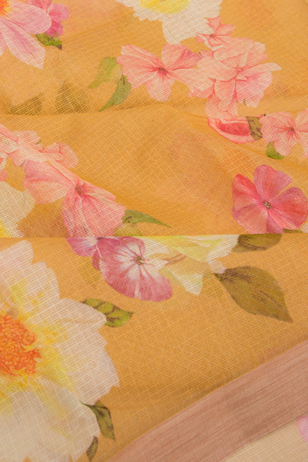 Kota Soft Silk Floral Printed Yellow Saree
