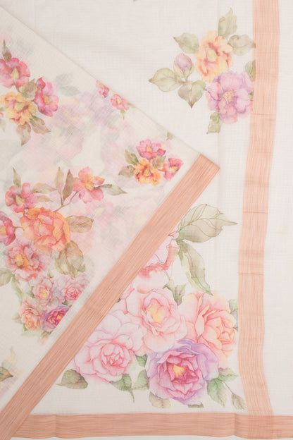 Kota Soft Silk Floral Printed White Saree