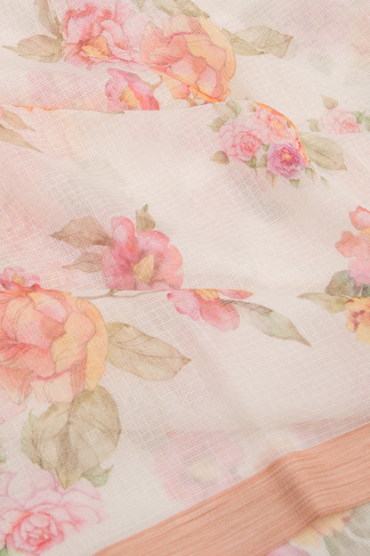 Kota Soft Silk Floral Printed White Saree
