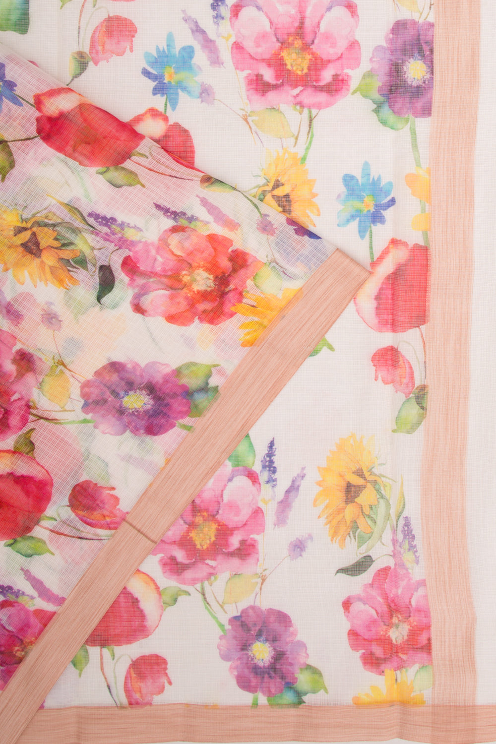 Kota Soft Silk Floral Printed White Saree