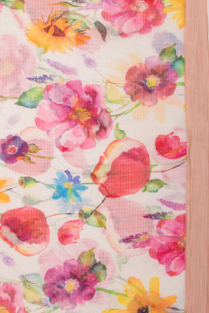 Kota Soft Silk Floral Printed White Saree