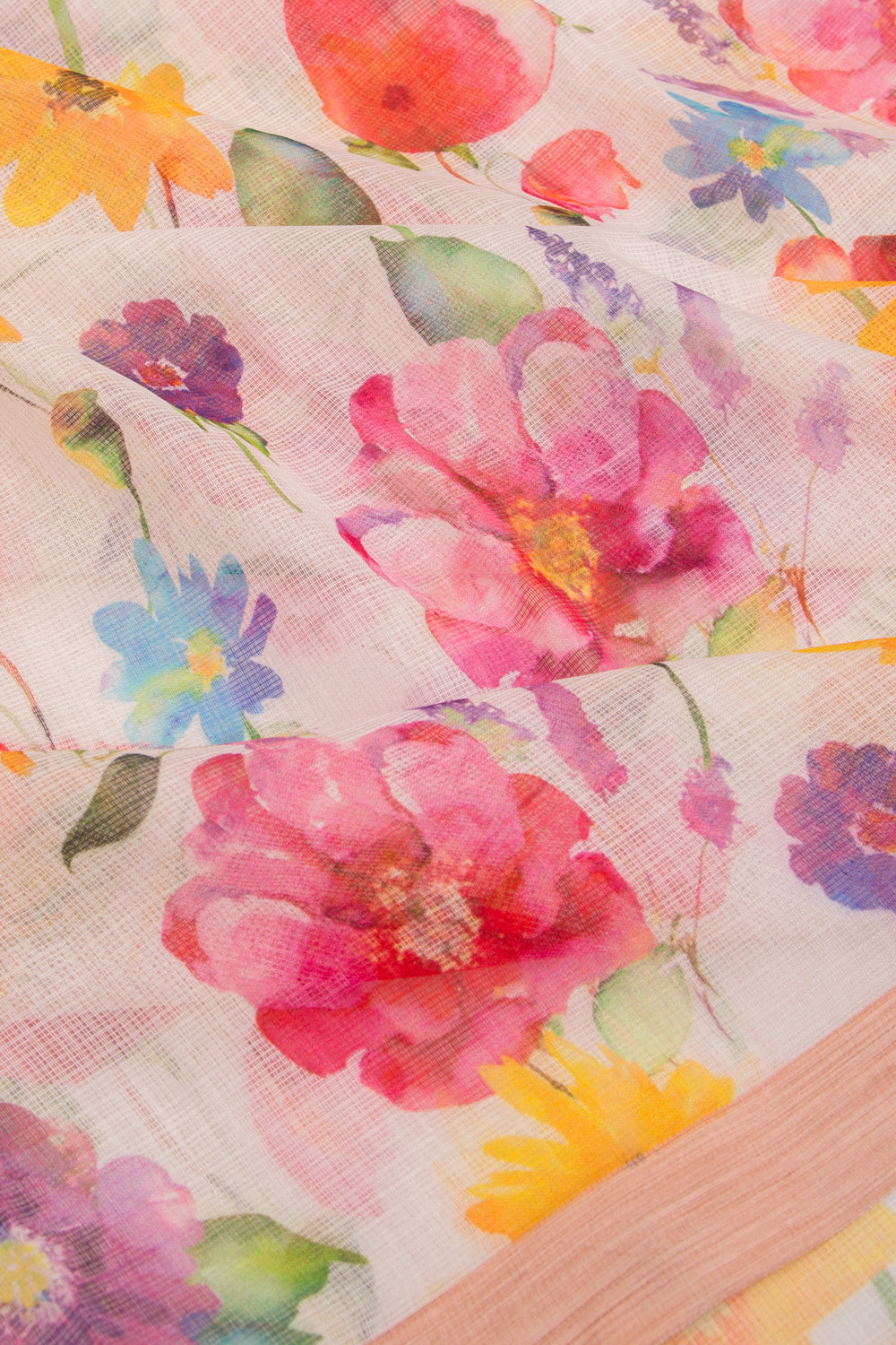 Kota Soft Silk Floral Printed White Saree