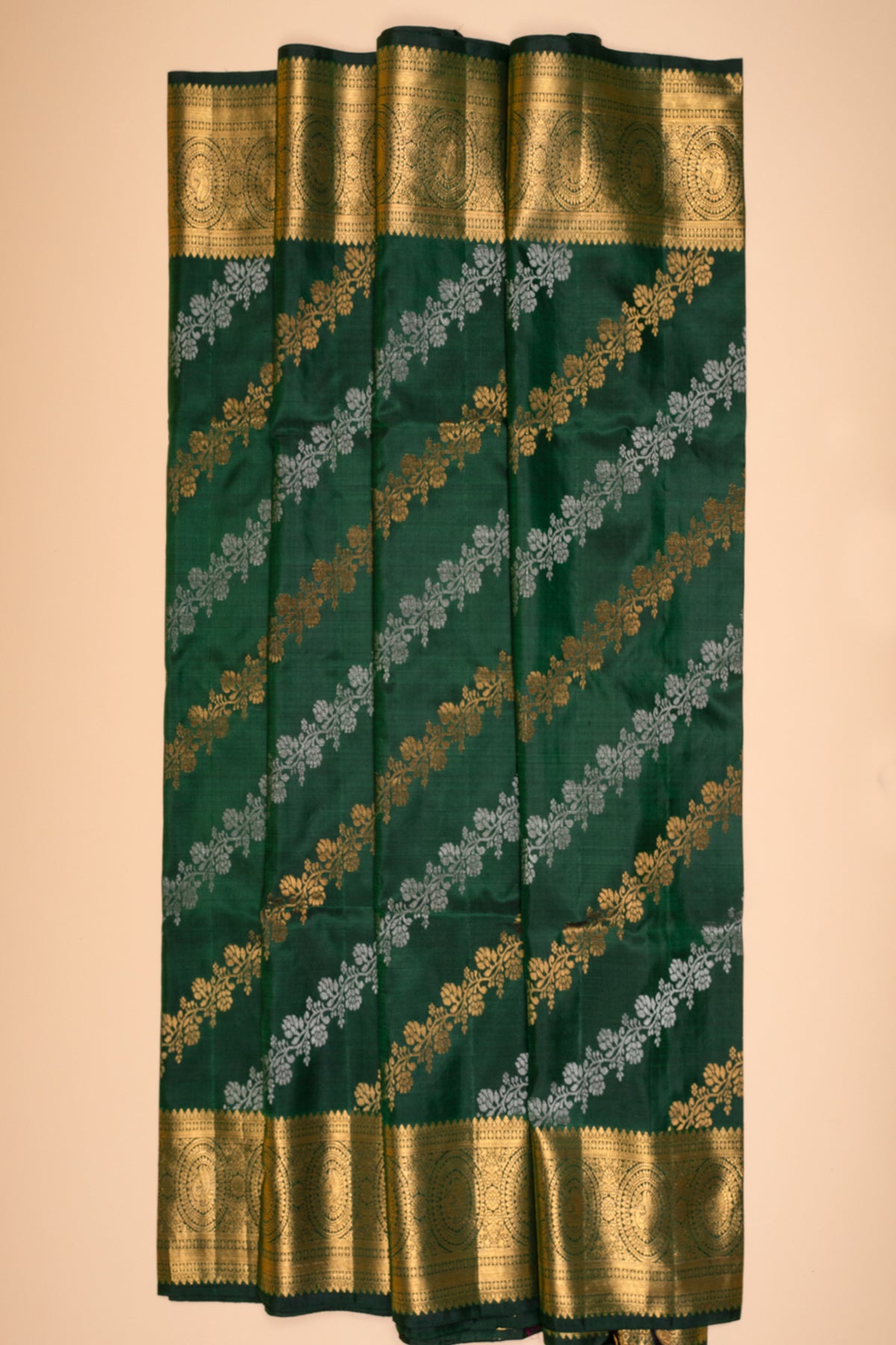 Kanchipuram Silk Leheriya Bottle Green Saree
