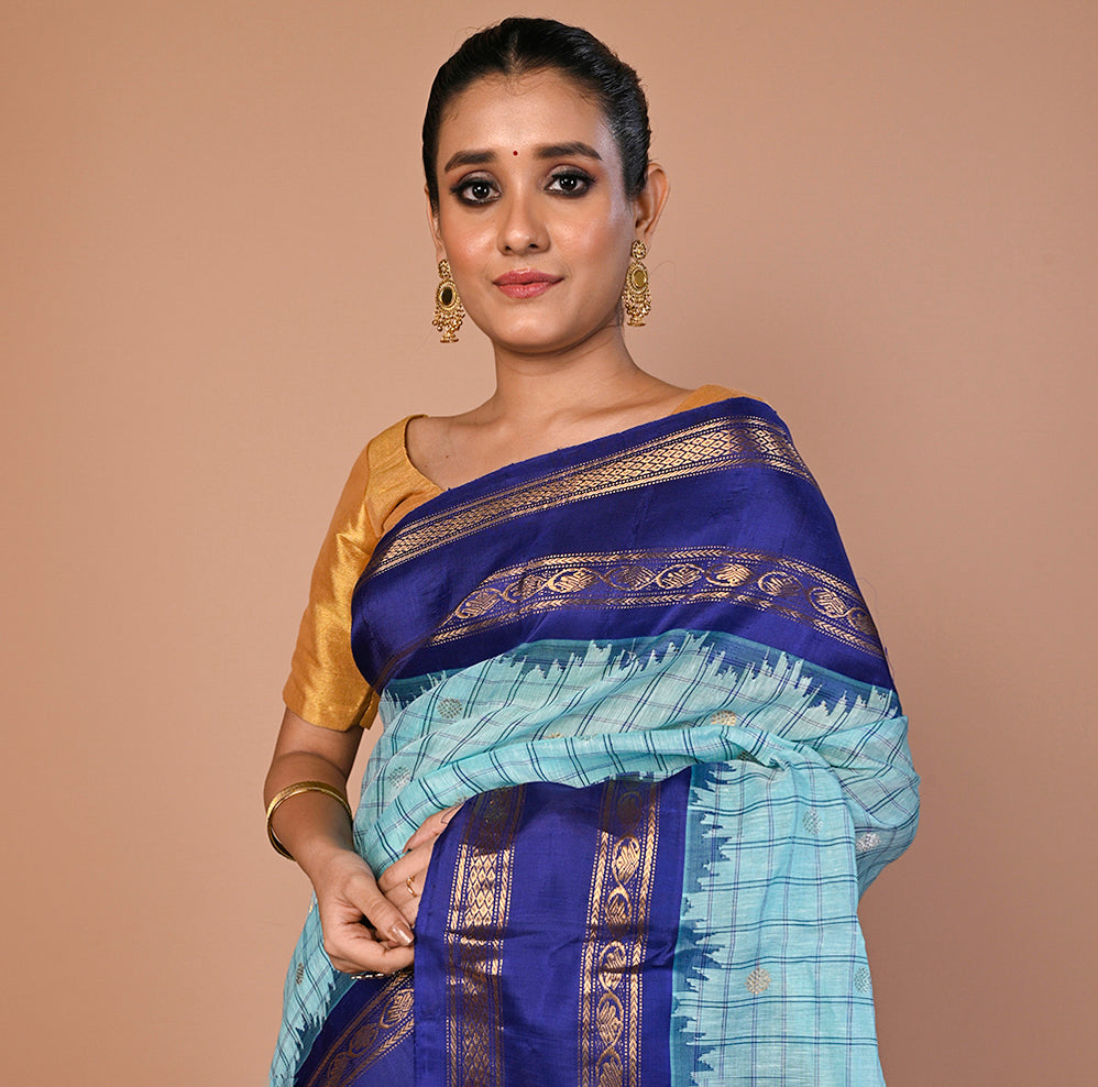 Gadwal Linen Checks And Butta Sky Blue Saree
