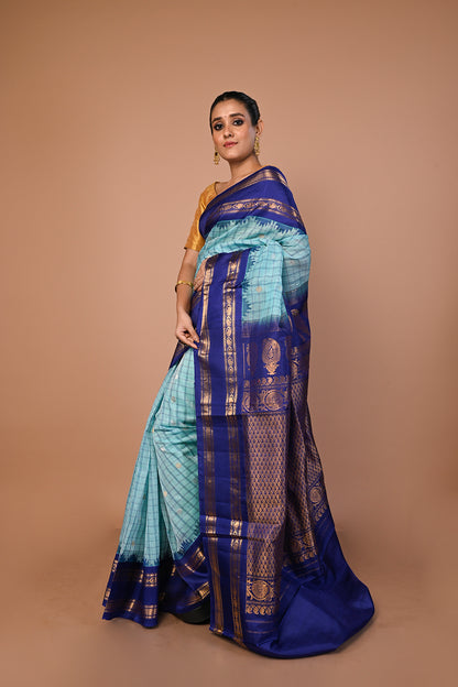Gadwal Linen Checks And Butta Sky Blue Saree