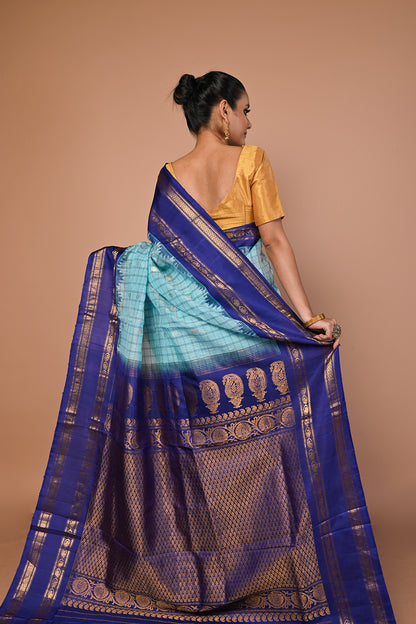 Gadwal Linen Checks And Butta Sky Blue Saree