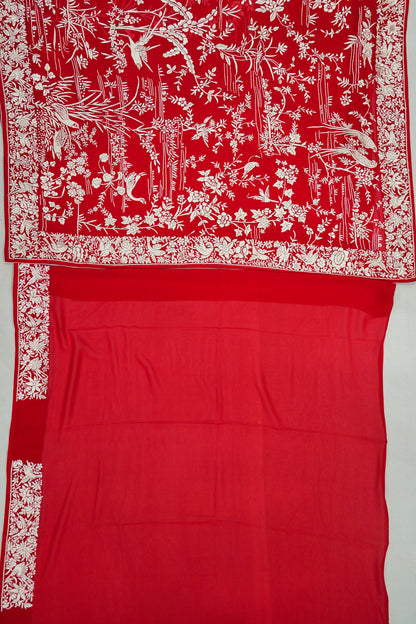 Parsi Gara Georgette Hand Embroidery Red Saree