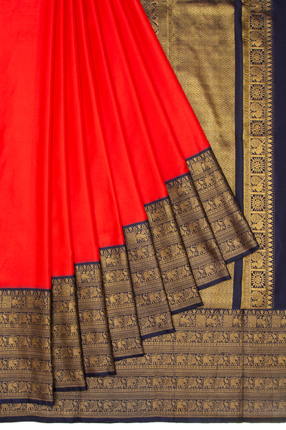 Kanchipuram Silk Twill Plain Red Saree With Ikat Blouse