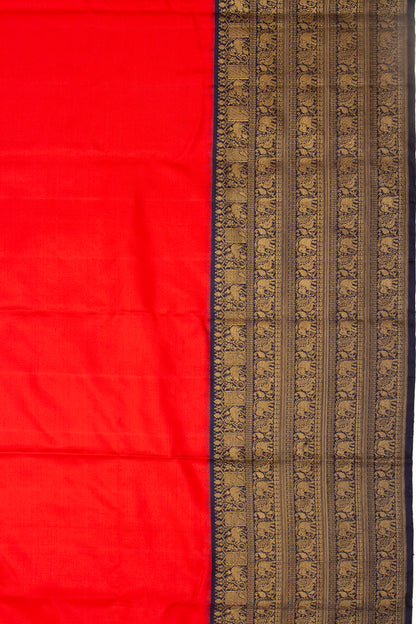Kanchipuram Silk Twill Plain Red Saree With Ikat Blouse