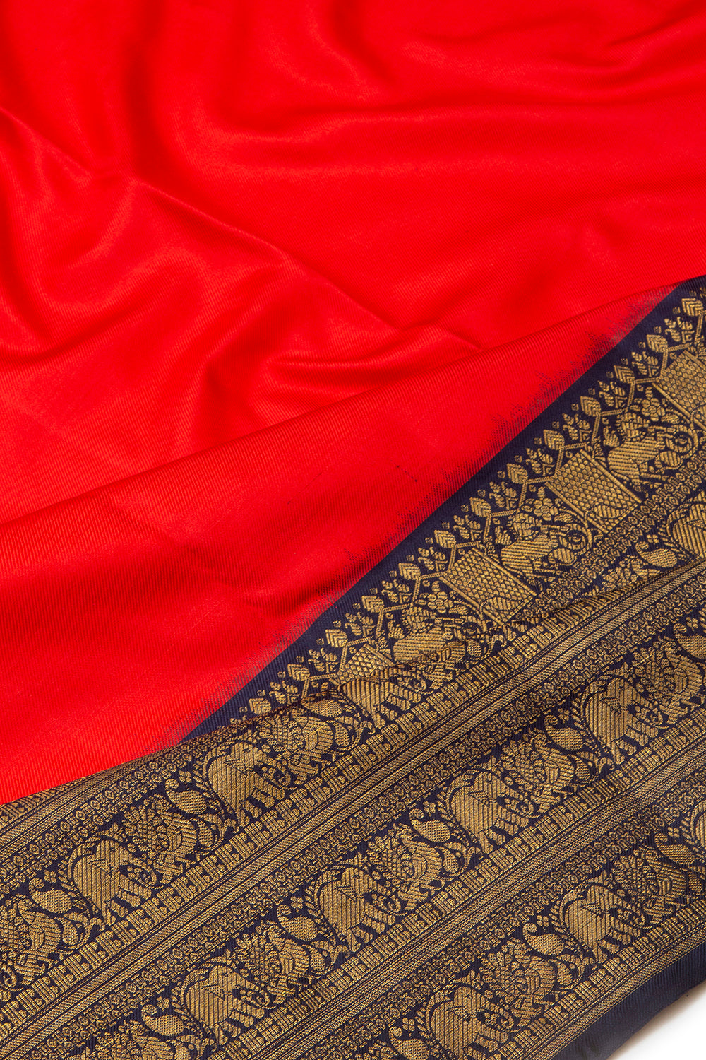 Kanchipuram Silk Twill Plain Red Saree With Ikat Blouse
