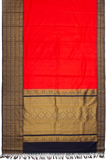 Kanchipuram Silk Twill Plain Red Saree With Ikat Blouse