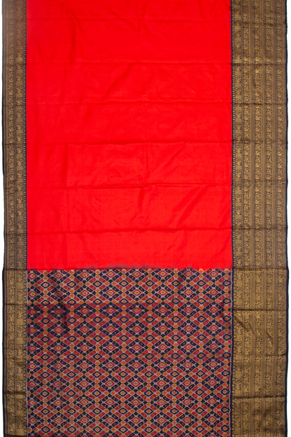 Kanchipuram Silk Twill Plain Red Saree With Ikat Blouse