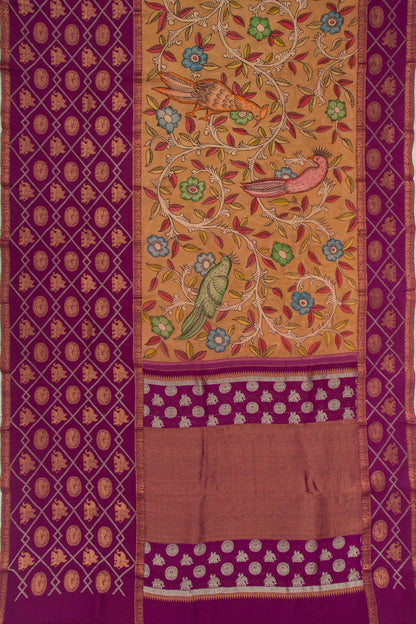Kanchipuram Silk Handpainted Kalamkari Brown Saree