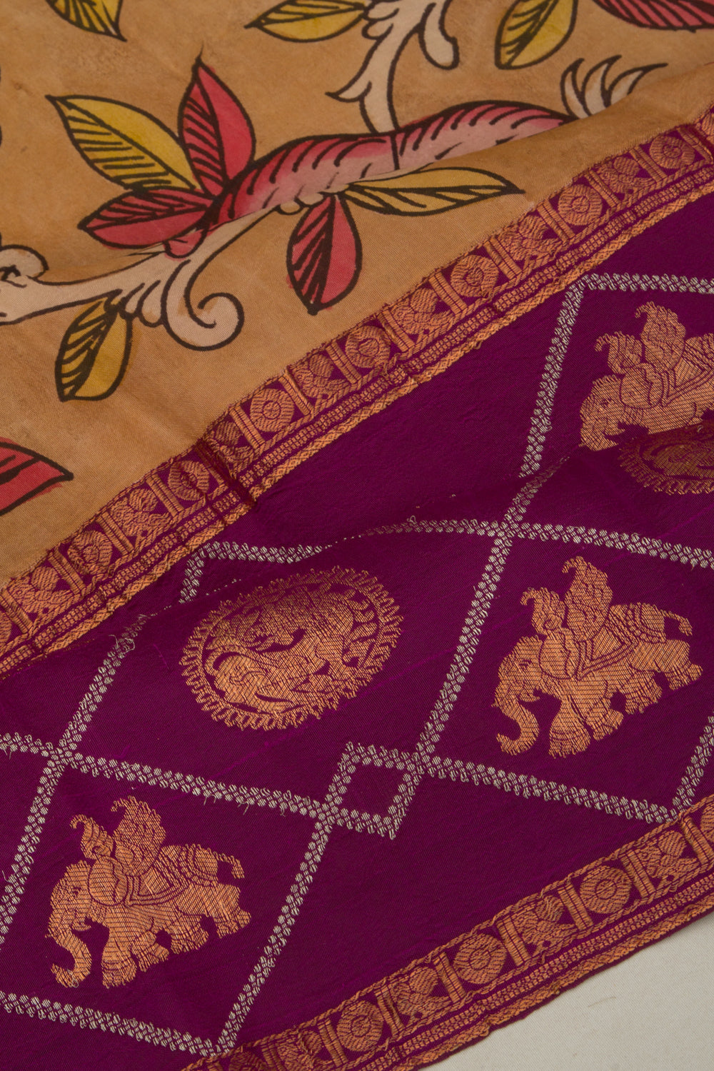 Kanchipuram Silk Handpainted Kalamkari Brown Saree