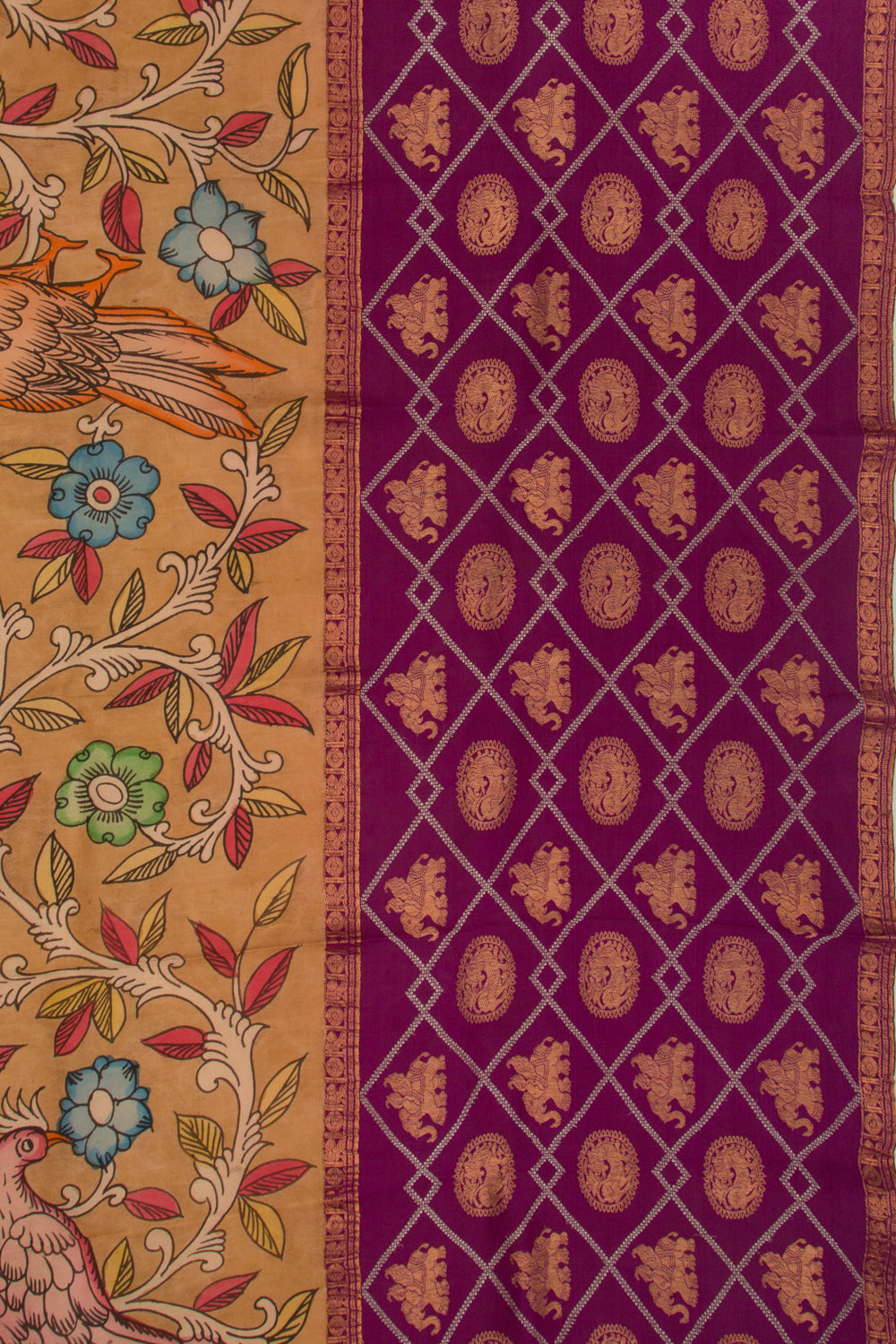 Kanchipuram Silk Handpainted Kalamkari Brown Saree