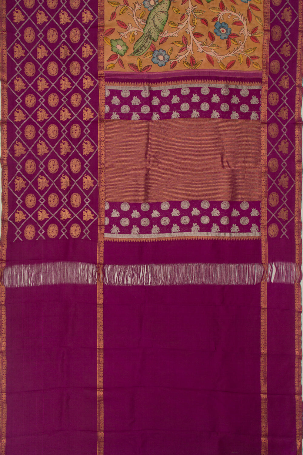 Kanchipuram Silk Handpainted Kalamkari Brown Saree