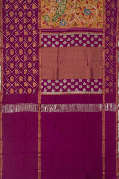 Kanchipuram Silk Handpainted Kalamkari Brown Saree
