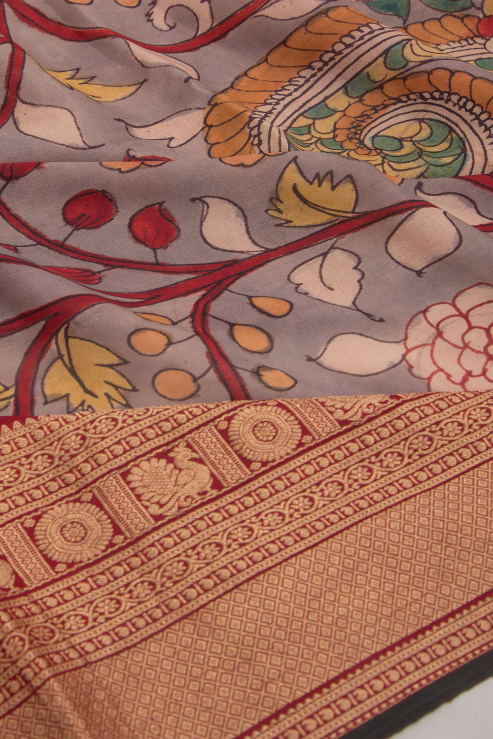 Kanchipuram Silk Kalamkari Grey Saree