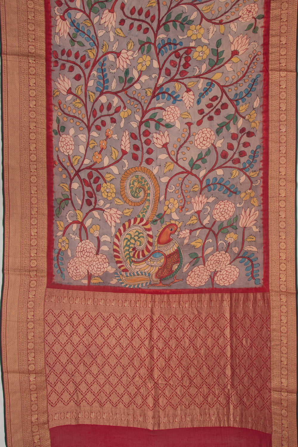 Kanchipuram Silk Kalamkari Grey Saree