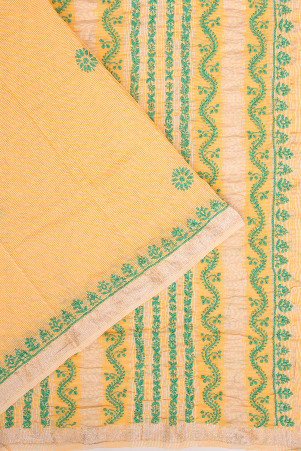 Maheshwari Silk Checks And Chikankari Butta Pastel Orange Saree