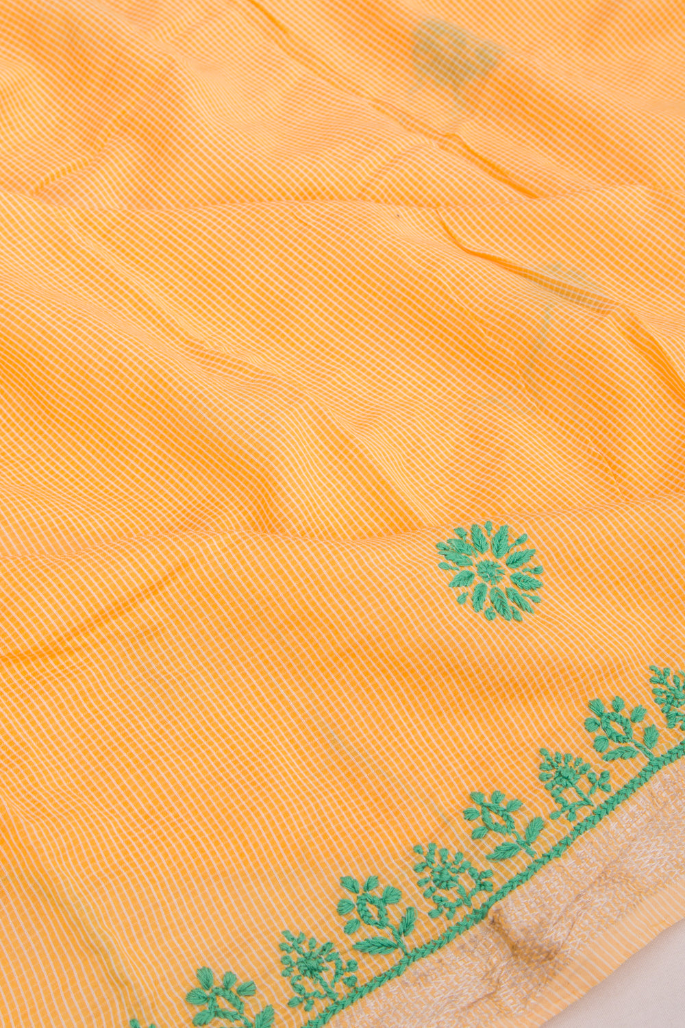 Maheshwari Silk Checks And Chikankari Butta Pastel Orange Saree