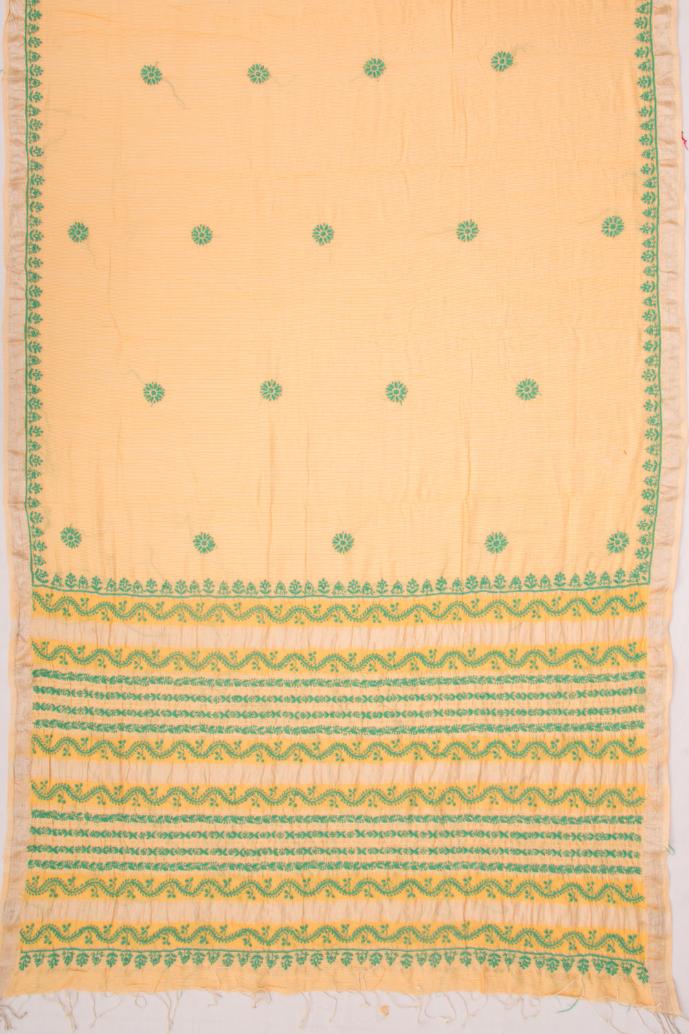 Maheshwari Silk Checks And Chikankari Butta Pastel Orange Saree