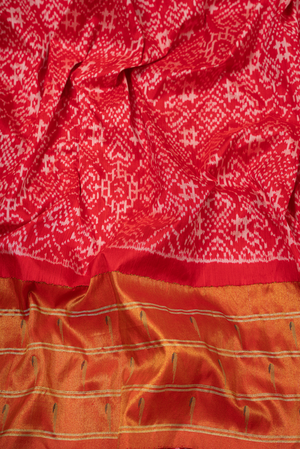 Pochampally Silk Ikat Red Saree With Paithani Inspired Border