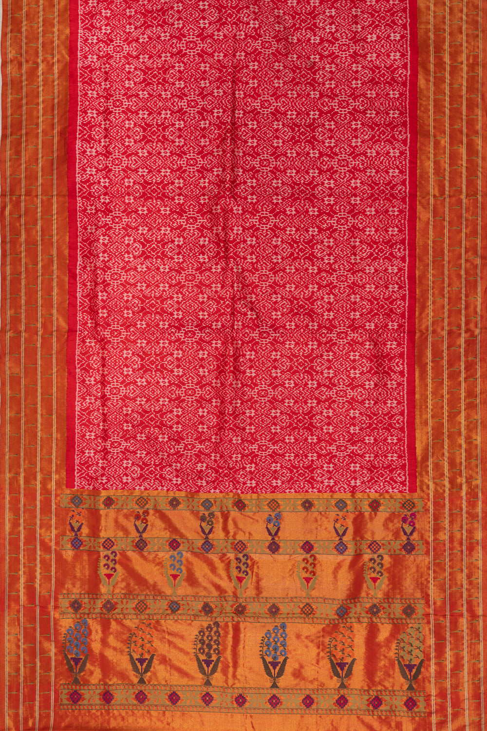 Pochampally Silk Ikat Red Saree With Paithani Inspired Border