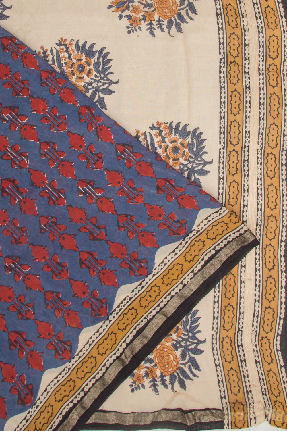 Chanderi Cotton Floral Printed Blue Saree