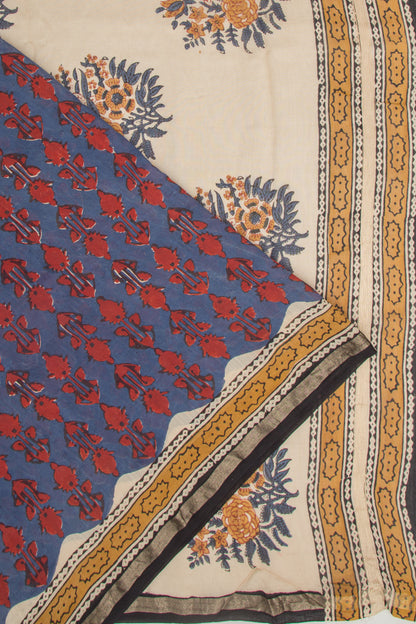 Chanderi Cotton Floral Printed Blue Saree