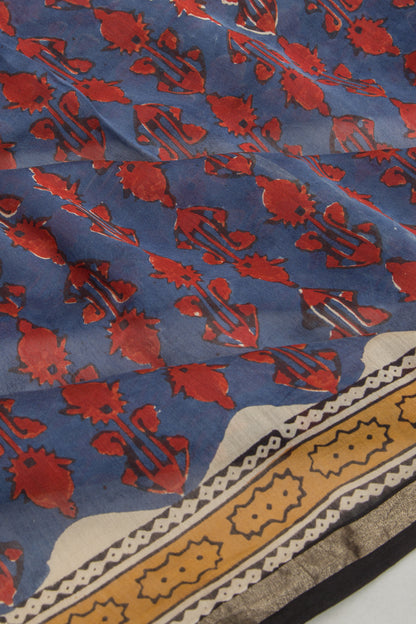 Chanderi Cotton Floral Printed Blue Saree