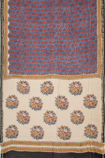 Chanderi Cotton Floral Printed Blue Saree