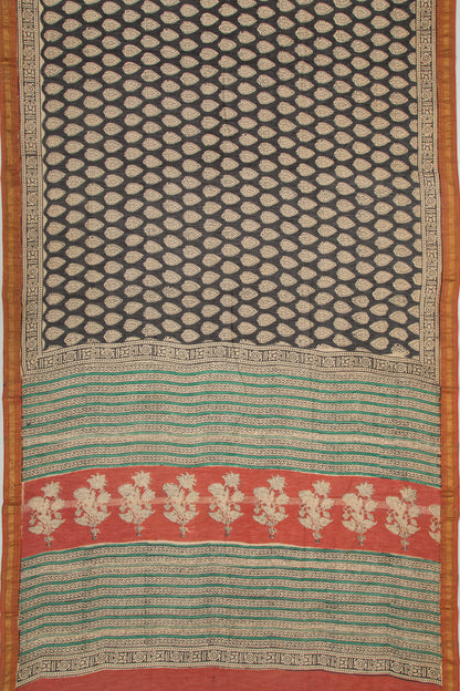 Chanderi Cotton Floral Printed Black Saree