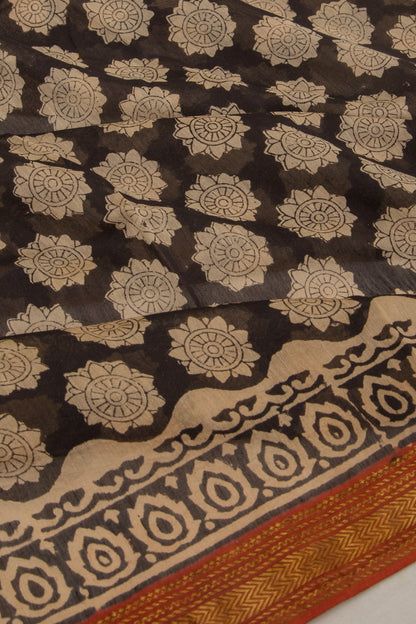Chanderi Cotton Floral Printed Black Saree