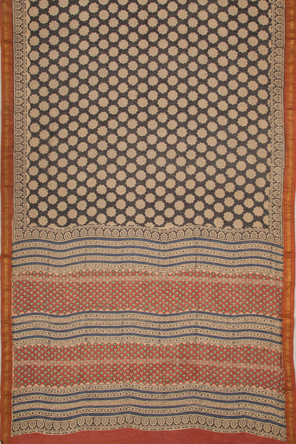 Chanderi Cotton Floral Printed Black Saree