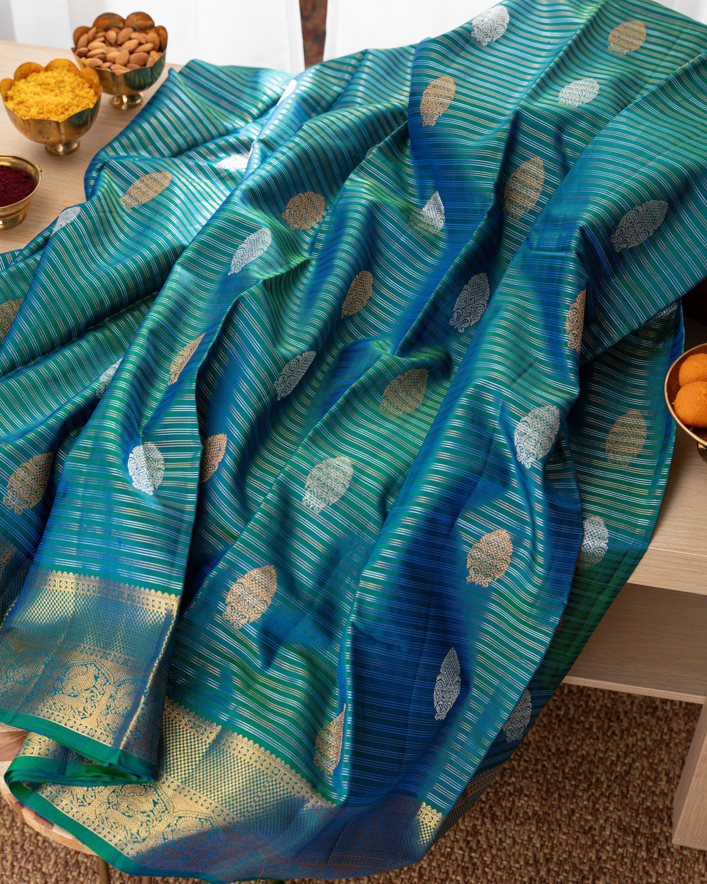 Kanchipuram Silk Stripes and Butta Sea Green Saree With Rakhi and Gift Box
