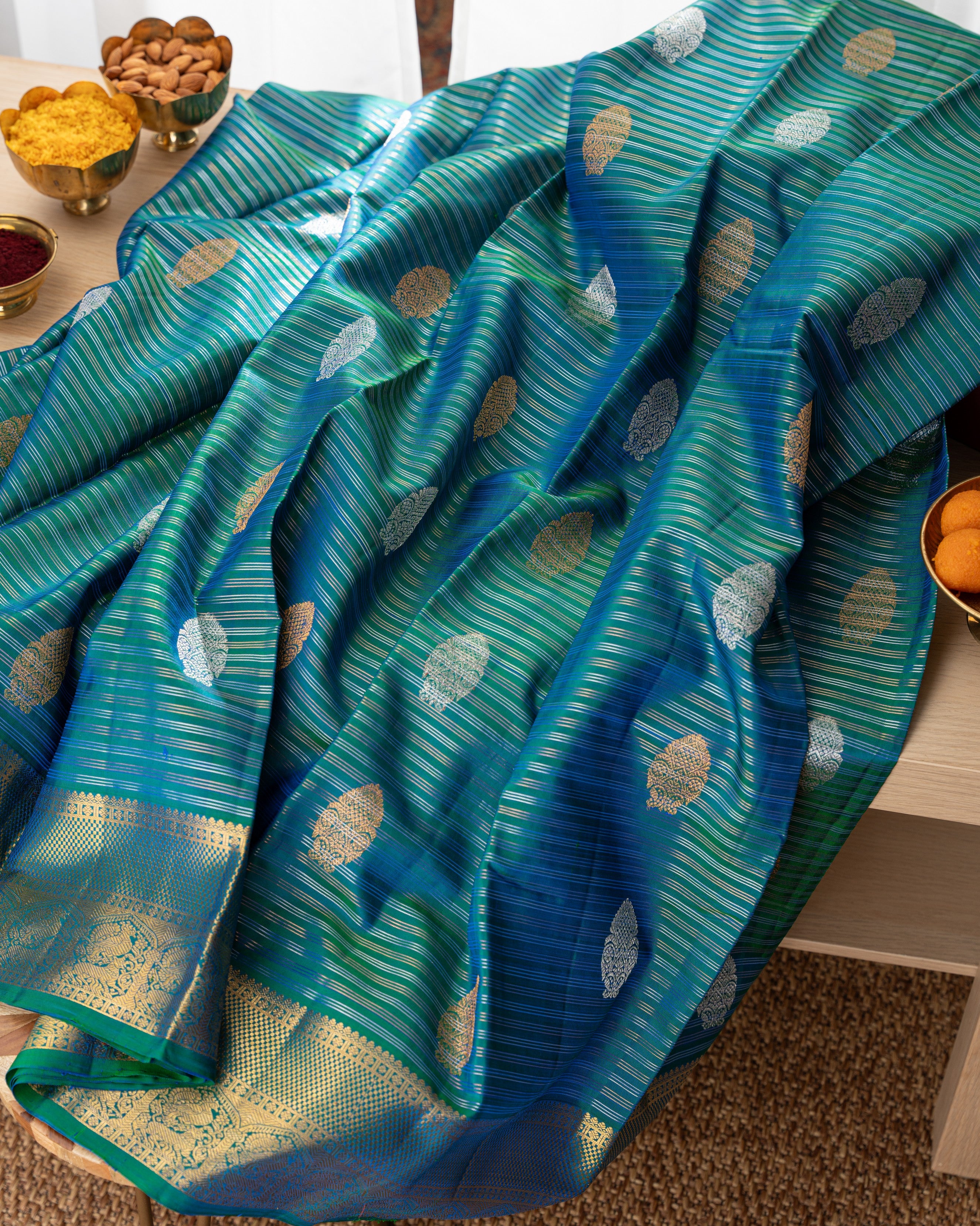 Kanchipuram Silk Stripes and Butta Sea Green Saree With Rakhi and Gift Box